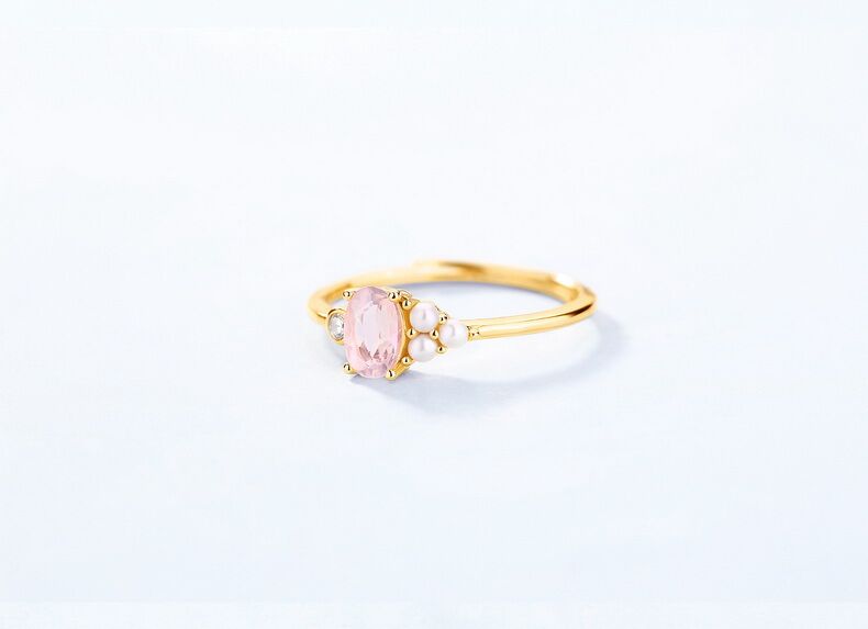 Oval Rose Quartz /Blue Topaz Pearl 925 Sterling Silver Resizable Ring with Yellow Gold/White Gold Plating